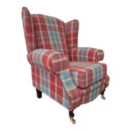 Queen Anne Wing Back Cottage Fireside Chair in Balmoral Ruby Tartan Fabric