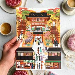 Retro Kyoto Art Print Fall Colors, Japanese Cityscape - thumbnail 3