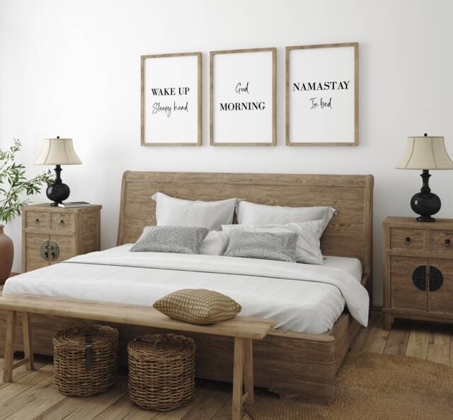 Wake Up Bedroom Home Decor Quotes Set Of 3 Unframed Prints, Wall Art Quote, Sleep Head, Good Morning, Namastay in Bed - image 1
