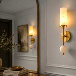 Handcrafted Brass Alabaster Wall Sconce, Mid Century Stilnovo Lamp, Luxury Vanity Lighting - thumbnail 4