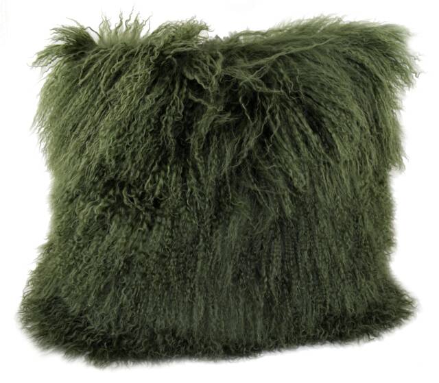 Olive Green Tibetan Lamb Fur Pillow, Velvet Back - image 1