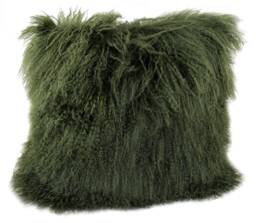 Olive Green Tibetan Lamb Fur Pillow, Velvet Back - thumbnail 1