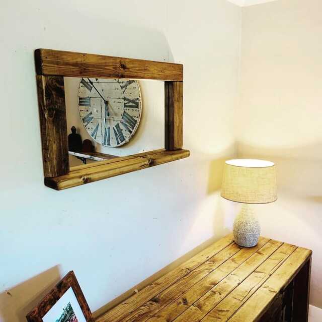 Handmade Waxed Wooden Mirror With Shelf - Rustic Farmhouse Wall Decor - image 1