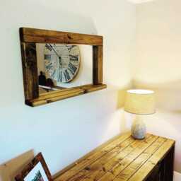Handmade Waxed Wooden Mirror With Shelf - Rustic Farmhouse Wall Decor - thumbnail 1