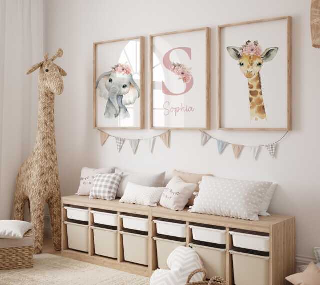 Safari Floral Animals Prints, Nursery Decor , Girls, Baby, Pink Nursery, Jungle Decor, Boho Nursery, Toddler Bedroom, Playroom, Kids, Wall Art - image 1