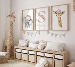Safari Floral Animals Prints, Nursery Decor , Girls, Baby, Pink Nursery, Jungle Decor, Boho Nursery, Toddler Bedroom, Playroom, Kids, Wall Art - thumbnail 1