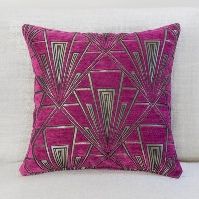 "Art Deco Cushion. Luxury Velvet Chenille. Silver & Pink. 17""x17"