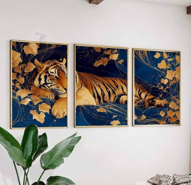 Golden Tiger Wall Art Set Of 3 - Luxury Jungle Print in Navy & Gold Majestic Animal Artwork Modern Oriental Decor - image 1