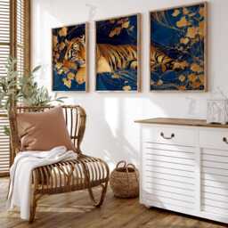 Golden Tiger Wall Art Set Of 3 - Luxury Jungle Print in Navy & Gold Majestic Animal Artwork Modern Oriental Decor - thumbnail 2