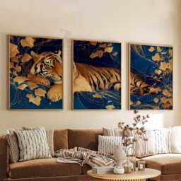 Golden Tiger Wall Art Set Of 3 - Luxury Jungle Print in Navy & Gold Majestic Animal Artwork Modern Oriental Decor - thumbnail 3