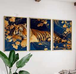 Golden Tiger Wall Art Set Of 3 - Luxury Jungle Print in Navy & Gold Majestic Animal Artwork Modern Oriental Decor - thumbnail 1