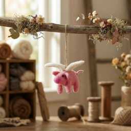 Flying Pig Ornament Needle Felt Handmade Wool Christmas Decoration - thumbnail 4