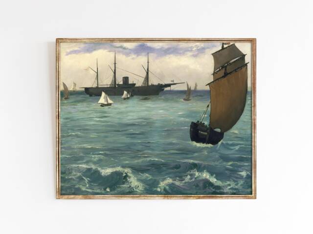 Naval Battle - Antique Ship Painting French Vintage Seascape Edouard Manet Large Print Sizes 8x10 11x14 16x20 - image 1