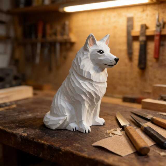 Hand Carved Wooden White Dog Figurine - Rustic Farmhouse Decor Shepherd Sculpture Unique Woodland Animal Lover Gift - image 1