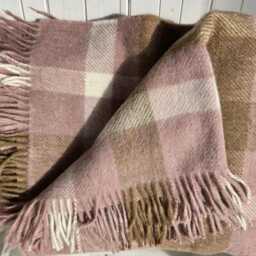 Blanket/Throw, 100% Pure New Wool, Soft Pink, Camel Brown, White C/W Fringe Edge 140x185cms - thumbnail 4