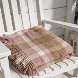 Blanket/Throw, 100% Pure New Wool, Soft Pink, Camel Brown, White C/W Fringe Edge 140x185cms - thumbnail 3