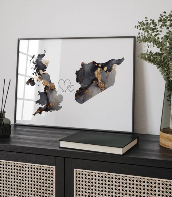 Britain & Syria Map Black & Gold Travel Wall Art Print - United Kingdom UK - image 1