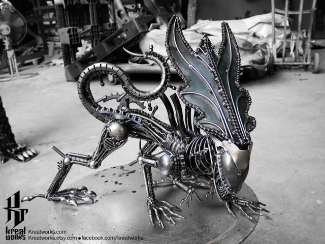 Recycled Metal Crouching Queen Monster - Medium Item - Steampunk Cyberpunk Dieselpunk Biomechanic Xenomorph - image 1