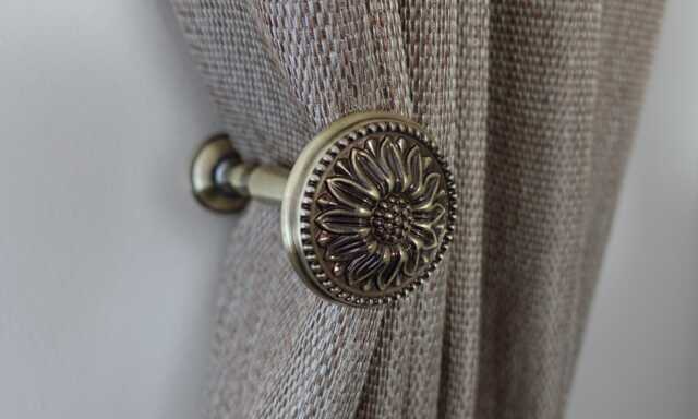 Curtain Tie Backs - Flower Aged Vintage Back Hooks, Metal Holdbacks, Antique Brass - Gold White Black Ties - image 1
