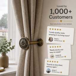 Curtain Tie Backs - Flower Aged Vintage Back Hooks, Metal Holdbacks, Antique Brass - Gold White Black Ties - thumbnail 2