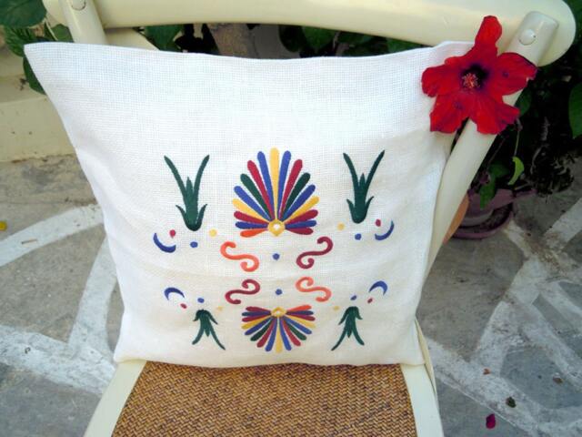 Greek Linen Cushion Cover Traditional Antefixes Design, Cottage Chic - image 1
