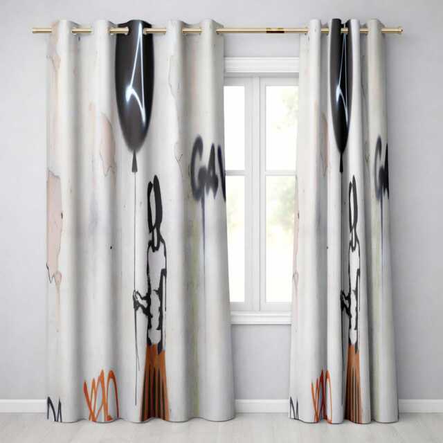 Girl Holding Black Balloon Minimalist Graffiti Creative Artwork For Bedroom Decor Readymade Eyelet Ring Top Thermal 100% Blackout Curtains - image 1