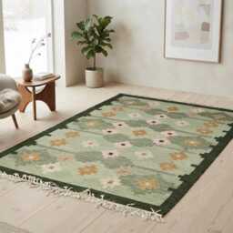 Scandinavian Rug Handmade - Custom Wool Kilim Swedish Flatweave Area Nordic Green Floral Modern Boho Carpet - thumbnail 3