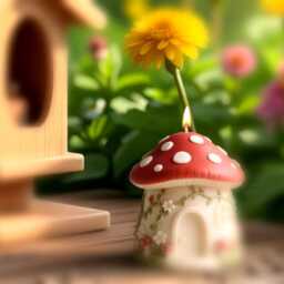 Handmade Mushroom House Candle - Whimsical Fairy Cottage Decor, Home Accent - thumbnail 3