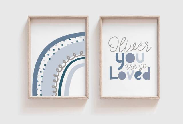 Set Of 2 Boys Nursery Prints, Rainbow Wall Art, You Are So Loved Bedroom Personalised - image 1