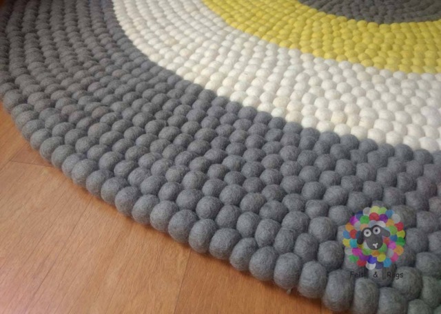 Handmade Wool Felt Ball Rug Nursery Decor, Grey, White, Yellow - image 1