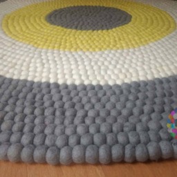 Handmade Wool Felt Ball Rug Nursery Decor, Grey, White, Yellow - thumbnail 2