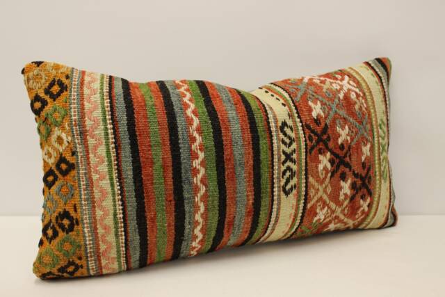 Vintage Turkish Kilim Lumbar Pillow Cover, Boho Throw Cushion - 12x24 - image 1