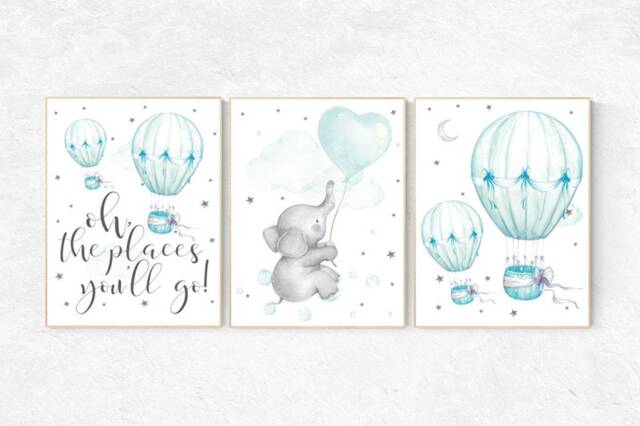 Elephant Hot Air Balloon Nursery Print Mint Green Wall Art - image 1