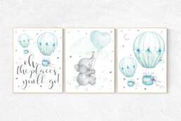 Elephant Hot Air Balloon Nursery Print Mint Green Wall Art - thumbnail 1