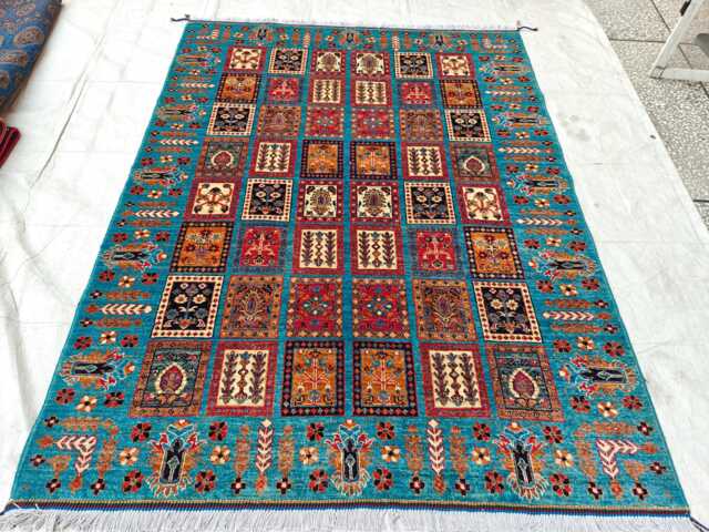 Turquoise Patchwork 5x7 Ft - Handmade Turkmen Wool Carpet, Living Room Rug - image 1