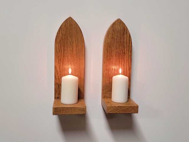 Pair Of Gothic Arch Wall Hanging English Oak Candle Holder Sconce Shelf Hand Made