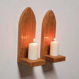 Pair Of Gothic Arch Wall Hanging English Oak Candle Holder Sconce Shelf Hand Made - thumbnail 2