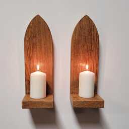 Pair Of Gothic Arch Wall Hanging English Oak Candle Holder Sconce Shelf Hand Made - thumbnail 3