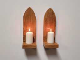 Pair Of Gothic Arch Wall Hanging English Oak Candle Holder Sconce Shelf Hand Made - thumbnail 1
