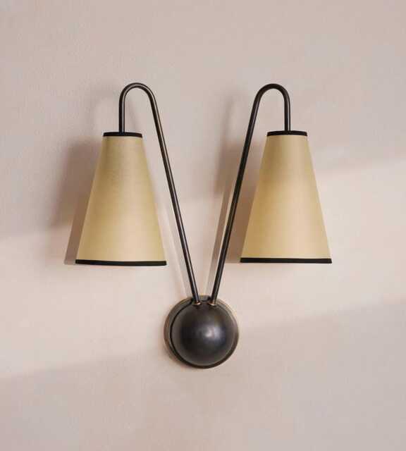 Blackened Double Shade Wall Sconce - Fabric Lamp Brass Modern Farmhouse Light Country Lighting - image 1