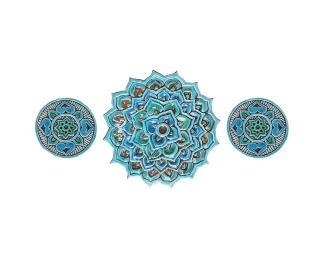 3 Mandala Outdoor Wall Art For Garden Art, Yard Decor, Sculpture, Kitchen Set Of Ceramic Tiles, #2 Circle Turquoise - image 1