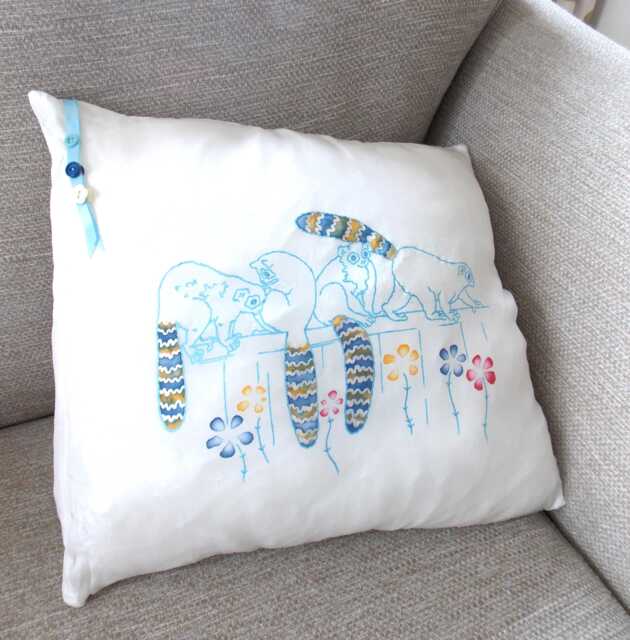 Silk Cushion Cover. White & Blue Animal Themed. Kids Nursery Decor. Lemurs - image 1