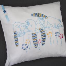Silk Cushion Cover. White & Blue Animal Themed. Kids Nursery Decor. Lemurs - thumbnail 3