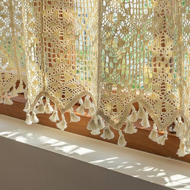Farmhouse Crochet Kitchen Curtain Handmade Boho Floral Tassel Cafe Curtain - image 1
