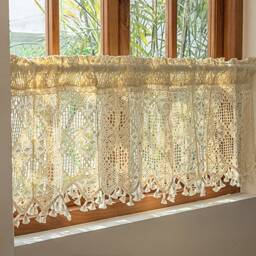 Farmhouse Crochet Kitchen Curtain Handmade Boho Floral Tassel Cafe Curtain - thumbnail 2