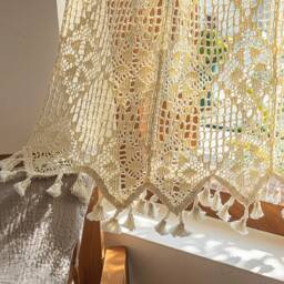 Farmhouse Crochet Kitchen Curtain Handmade Boho Floral Tassel Cafe Curtain - thumbnail 4