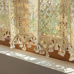 Farmhouse Crochet Kitchen Curtain Handmade Boho Floral Tassel Cafe Curtain - thumbnail 1