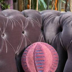 Handmade Round Felt Cushion, Unique Interior Home Design, Exotic House Decor, Purple Art Pillow For Bed Sofa Chair, Unusual Floor Decoration - thumbnail 2