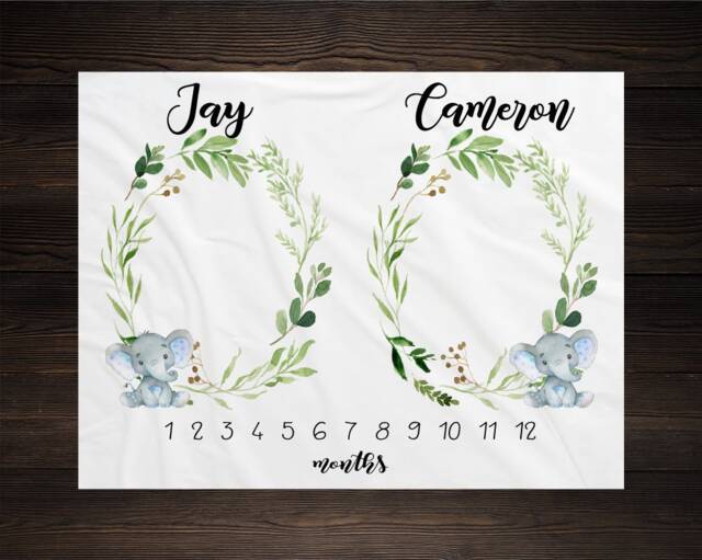 Safari Twin Baby Milestone Blanket Month Growth Tracker Shower Elephant Newborn Gift Minky Boy Girl - image 1