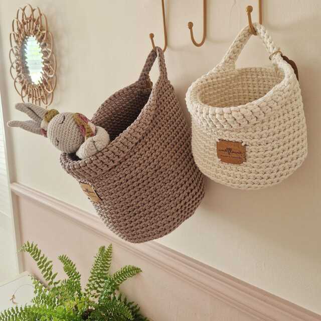 Nursery Wall Storage Basket, Crochet Cotton Hanging Organiser, Boho Baby Room Decor, Neutral - image 1